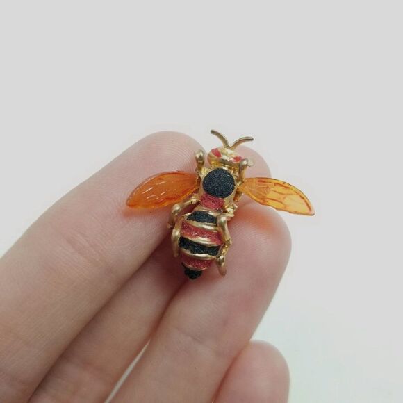 Vintage Orange and Black Bee Hornet Shape Brooch, Insect Bug Lapel Pin, Estate - Picture 2 of 6